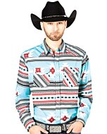 Man wearing a blue Western shirt with bold Southwestern geometric design and a black cowboy hat.