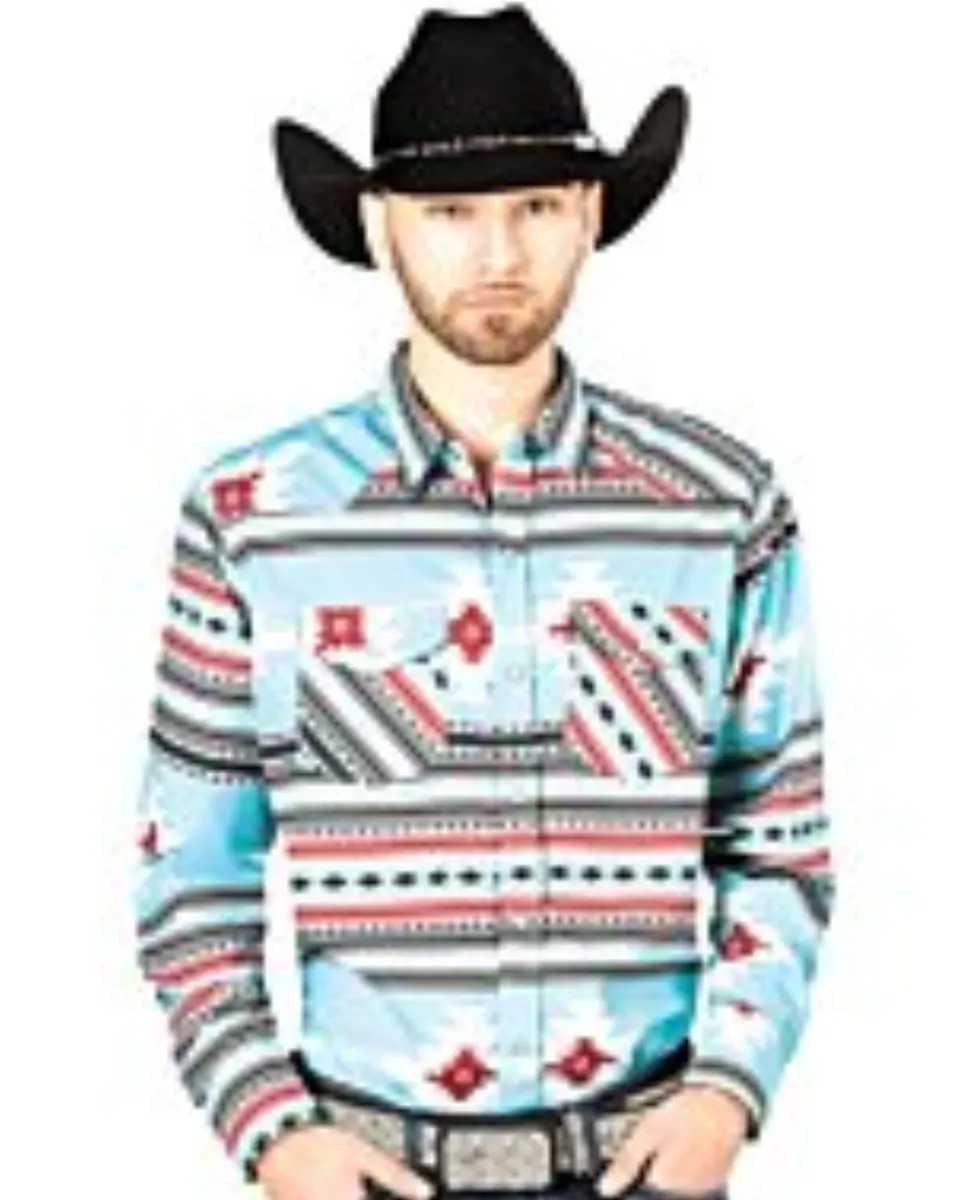Hombre con camisa vaquera azul, diseño geométrico estilo South Western y una Texana negra.