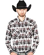 Man wearing a black and white long sleeve Western shirt with bold Sonoran Desert geometric patterns and a black cowboy hat.