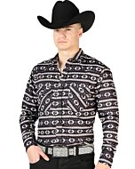 Man wearing a gray long sleeve Western shirt with tribal-inspired geometric patterns and a black cowboy hat.