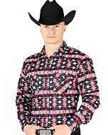 Man wearing a red long sleeve Western shirt with vibrant desert-inspired geometric patterns and a black cowboy hat.