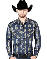 Man wearing a navy blue Western shirt with bold geometric Ikat patterns and a black cowboy hat.