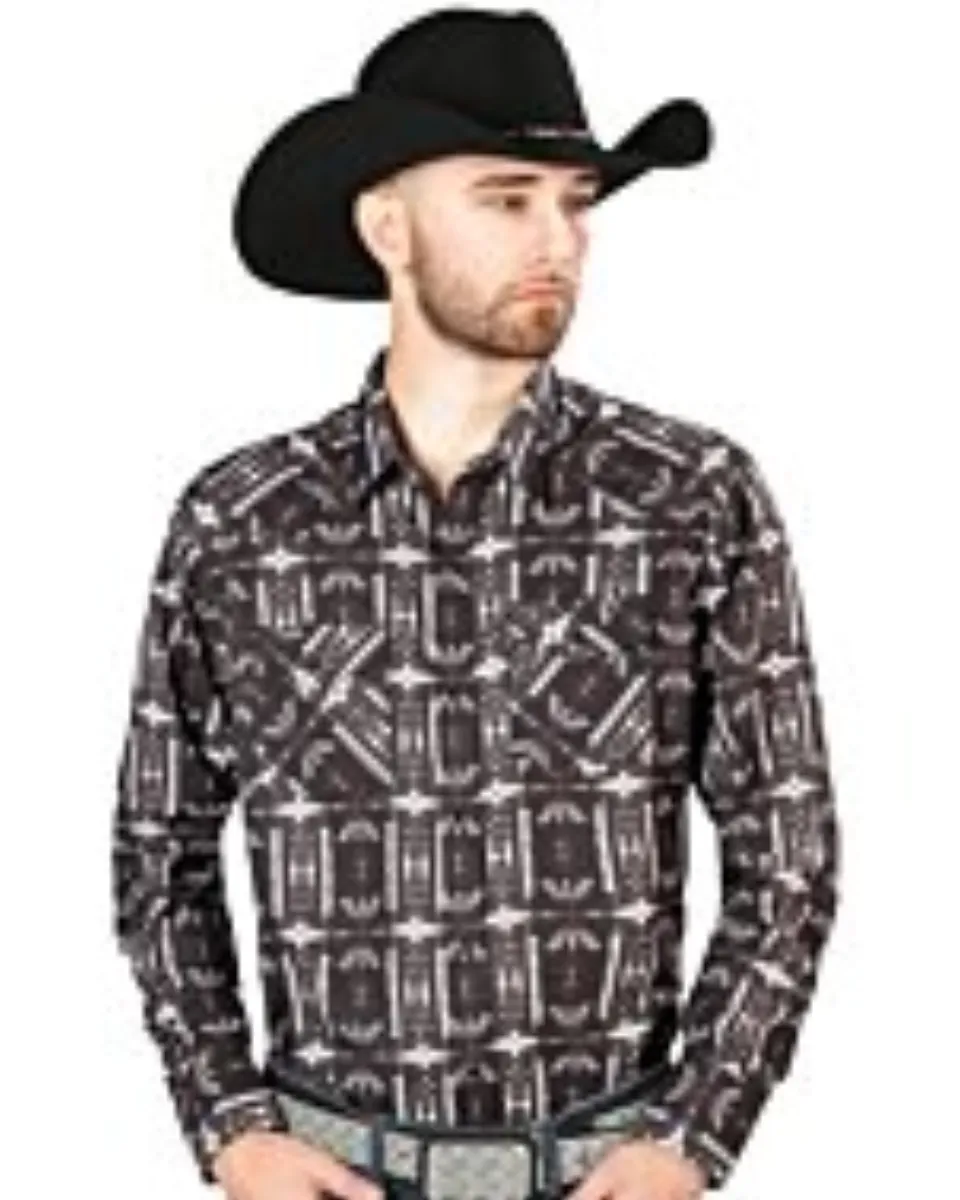 Man wearing a black Western shirt with geometric Southwestern print and a black cowboy hat.