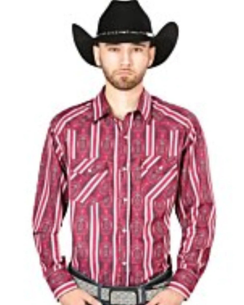 Man wearing a burgundy Western shirt with striped Southwestern design and a black cowboy hat.