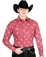 Man wearing a red Western shirt with rodeo cowboy print and a black cowboy hat.
