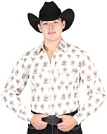 Man wearing a brown Western shirt with cowboy rider print and a black cowboy hat.