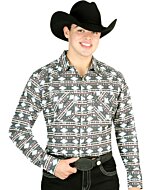 Hombre sonriendo con camisa Southwestern verde con patrones tribales y un sombrero vaquero