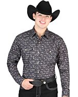 Man wearing a black Western shirt with longhorn skull print and a black cowboy hat.
