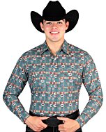Man wearing a dark green Western shirt with Southwestern patterns and longhorn designs, paired with a black cowboy hat.