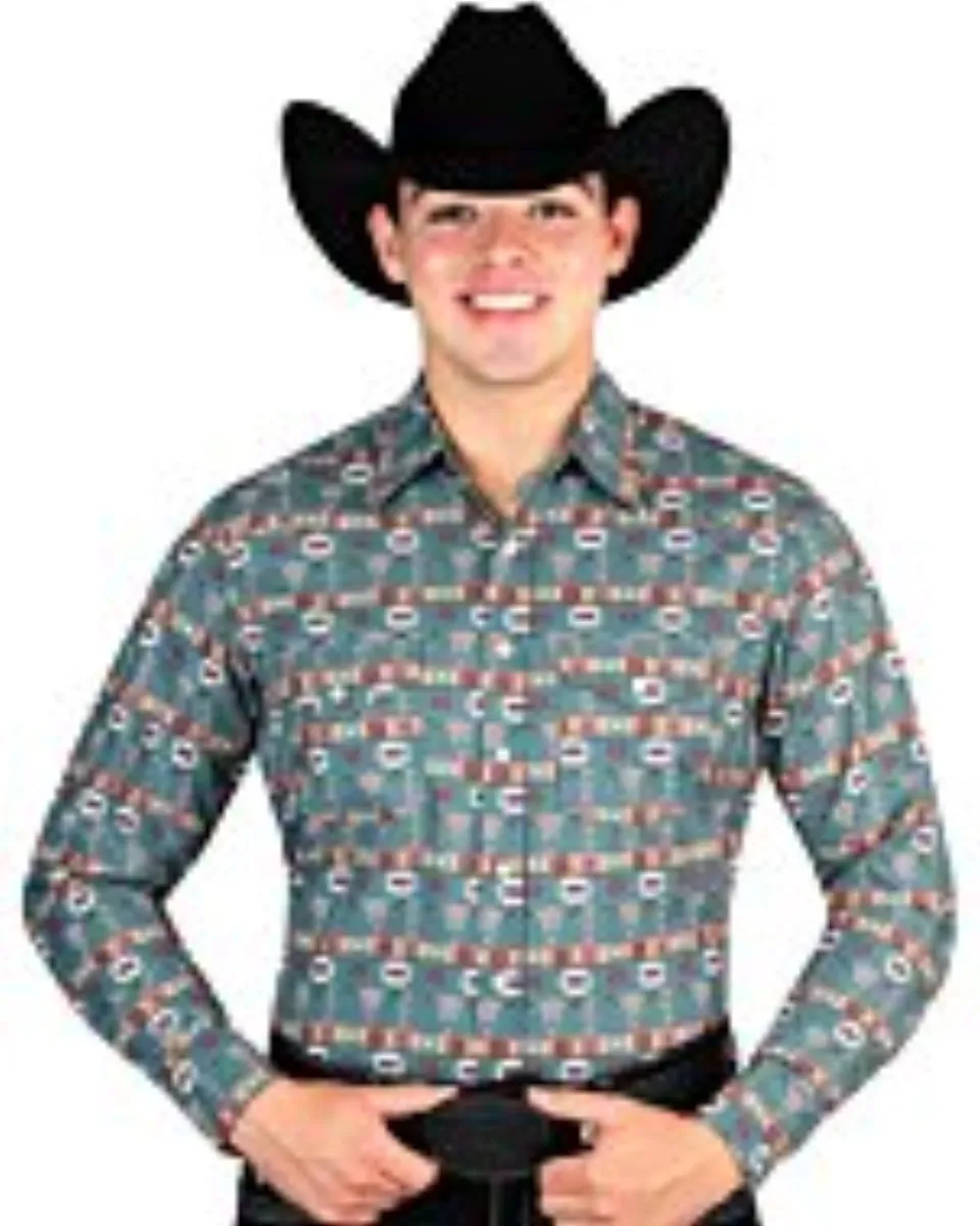 Man wearing a dark green Western shirt with Southwestern patterns and longhorn designs, paired with a black cowboy hat.