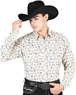 Man wearing a beige Western shirt with a horseshoe print and a black cowboy hat.