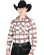 Man wearing a brown Western shirt with rustic patterns and snap buttons, styled with a black cowboy hat.