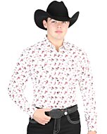 Man wearing a beige Western shirt with a bucking horse design and a black cowboy hat.