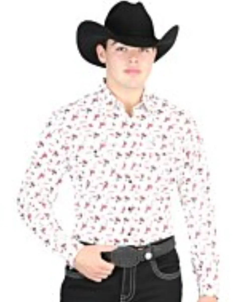 Man wearing a beige Western shirt with a bucking horse design and a black cowboy hat.