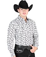 Man wearing a gray Western shirt with black bucking horse design and a black cowboy hat.