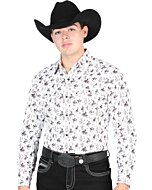 Man wearing a beige Western shirt with black rodeo cowboy design and a black cowboy hat.