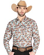 Man wearing a brown Western shirt with a distressed floral print and a beige cowboy hat.