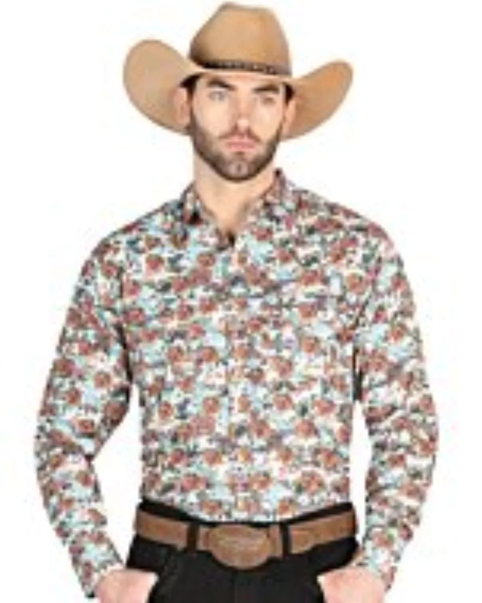 Man wearing a brown Western shirt with a distressed floral print and a beige cowboy hat.
