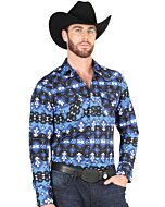 Men's Blue Western Shirt with Tribal Geometric Print – El General 44398