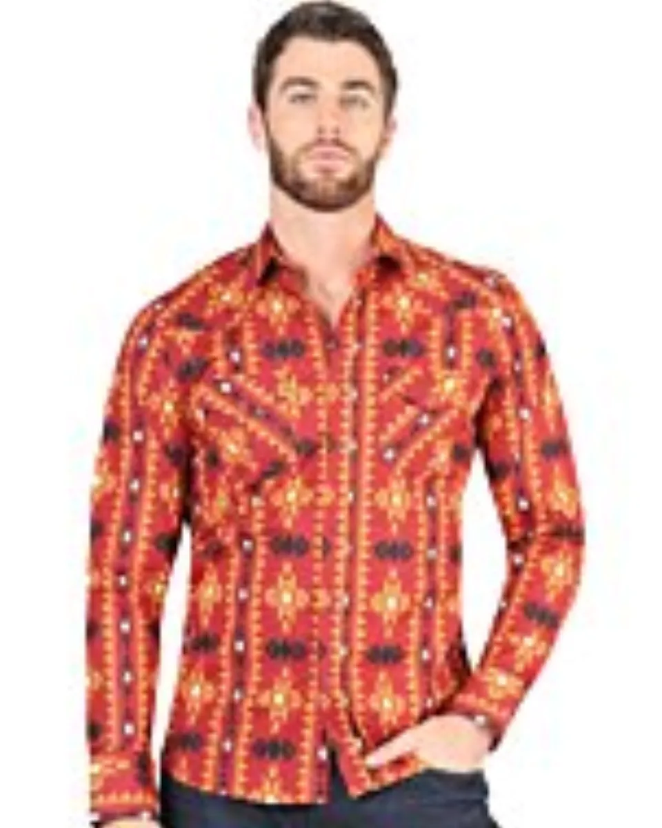 Camisa Vaquera en Ladrillo con Diseño Geométrico para Hombre – El General 44400