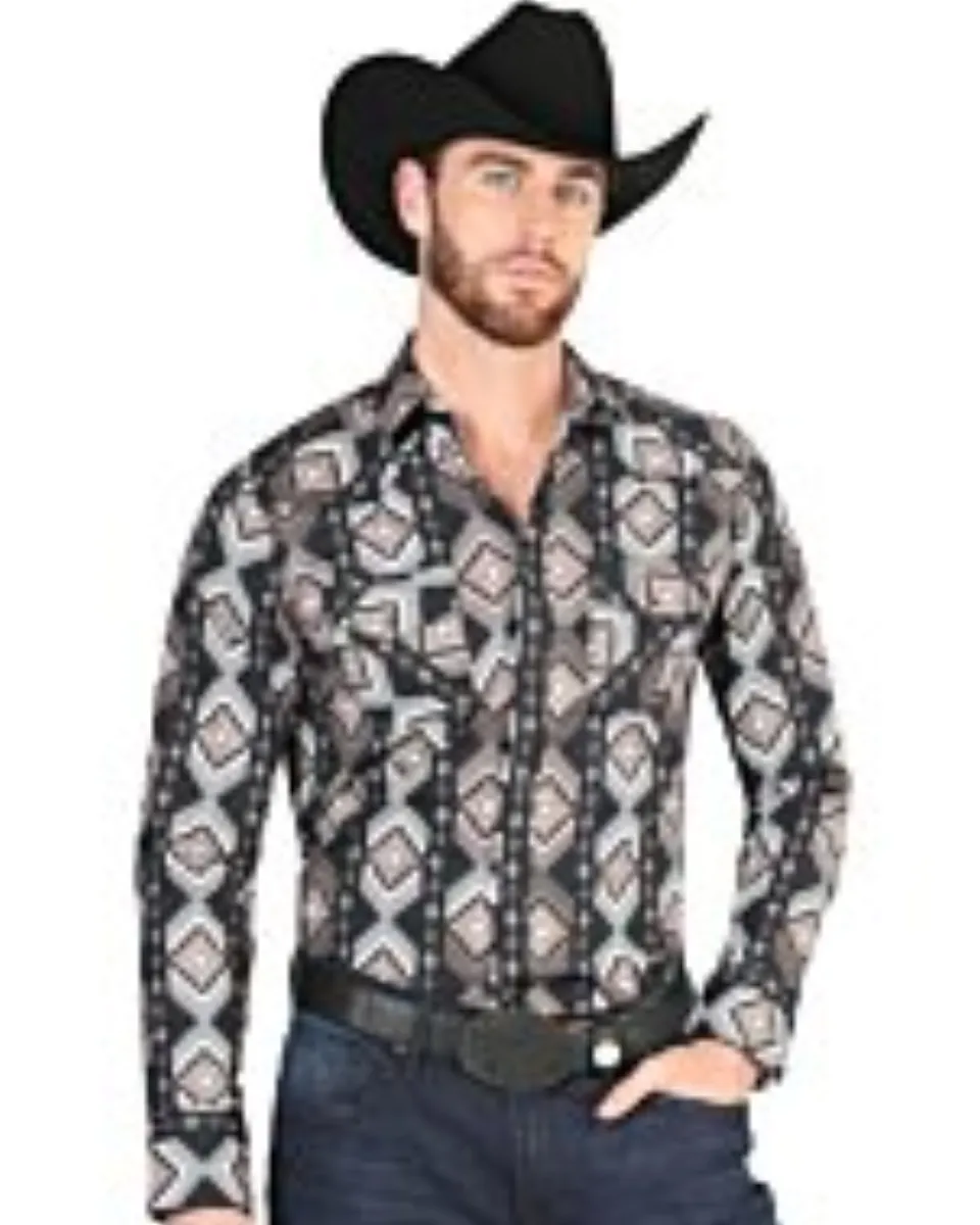 Men's Black Western Shirt with Geometric Pattern – El General 44402