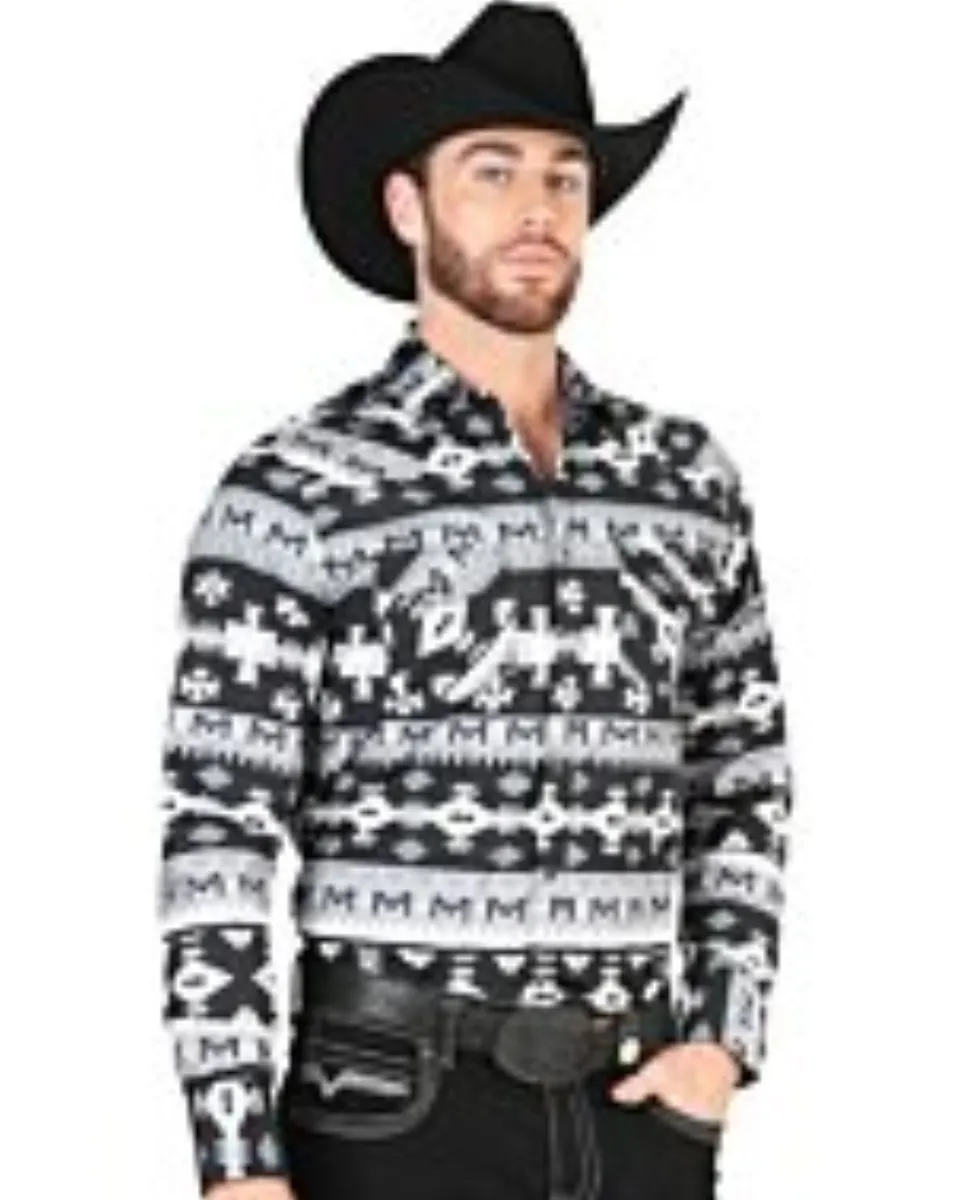 Men's Black and White Tribal Geometric Western Shirt – El General 44419