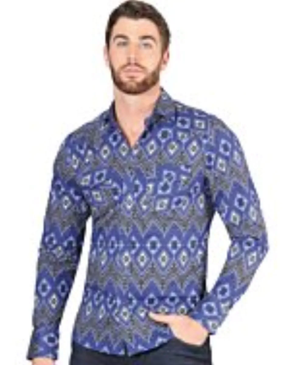 Man wearing a blue Western shirt with striking geometric patterns and a confident cowboy style.