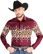 Man wearing a burgundy Western shirt with bold geometric patterns and snap-button closure, matching boys’ version available.