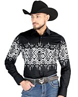 Man wearing a black Western shirt with bold geometric patterns and snap-button closure, matching boys’ version available.
