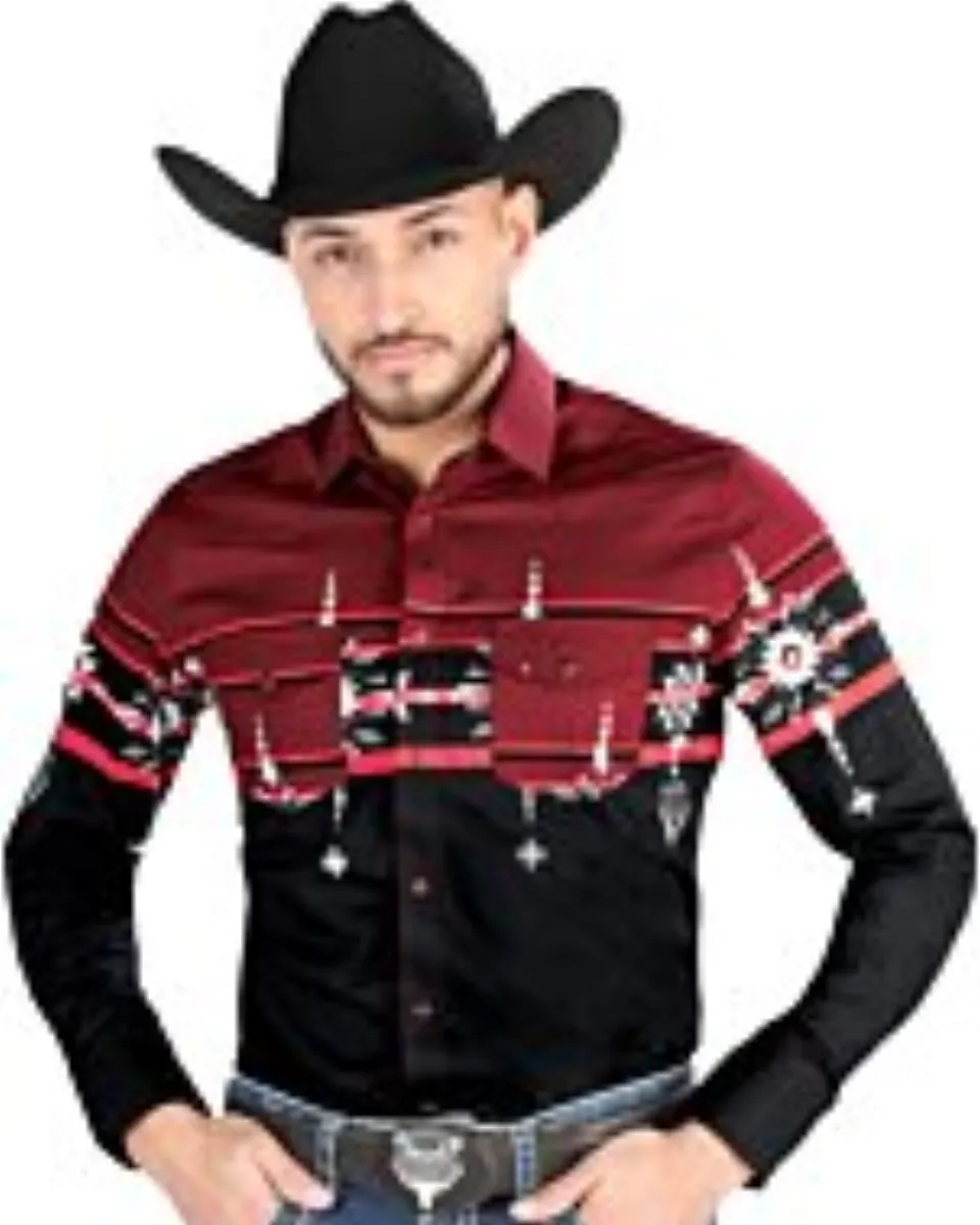 Man wearing a burgundy and black tribal Western shirt with bold patterns and matching boys’ version available.