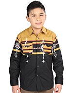 Boy wearing a mustard and black tribal Western shirt with bold patterns and matching men’s option.