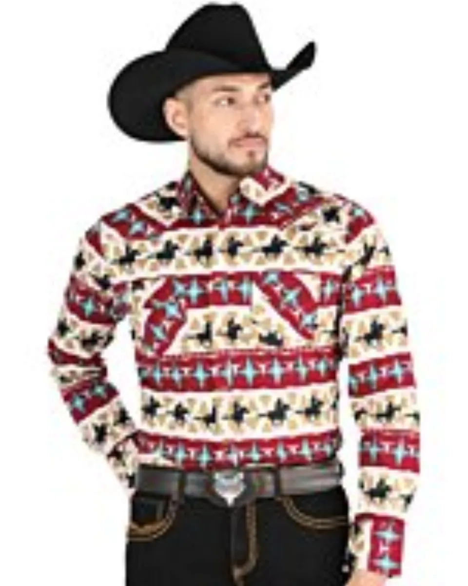 Camisa Vaquera para Hombre con Estampado Cowboy en Rojo y Marfil – El General 44476