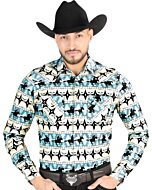 Men’s Long Sleeve Blue Western Shirt with Cowboy and Horse Print – El General 44478