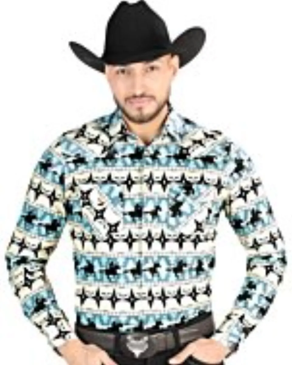 Camisa Vaquera para Hombre Azul con Estampado Western de Cowboys y Caballos – El General 44478