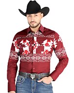 Man wearing a burgundy Western shirt with bold geometric patterns and snap-button closure, perfect for Western-inspired outfits.