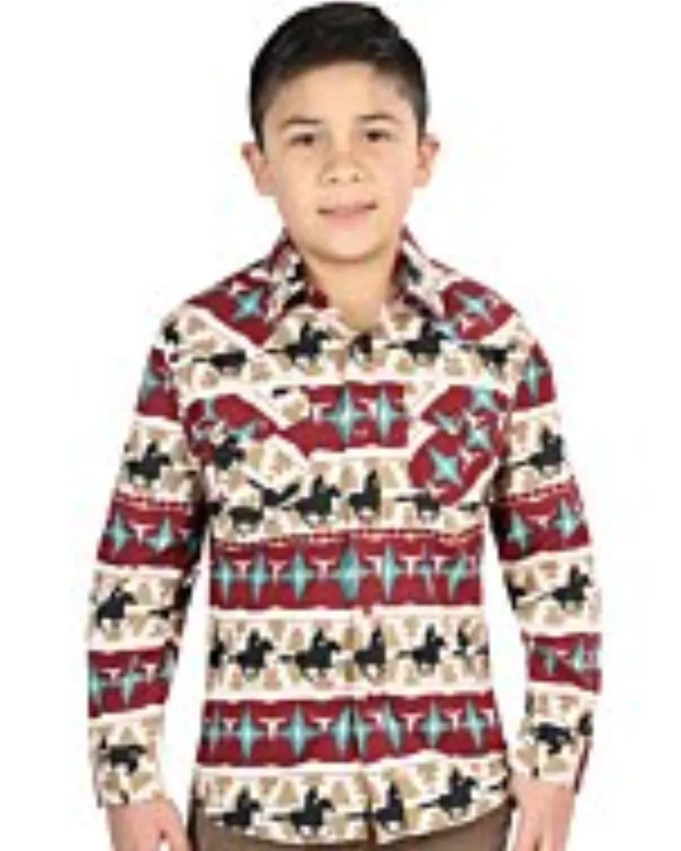 Camisa Vaquera para Niño con Estampado Cowboy en Rojo y Marfil – El General 44492