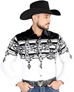 Man wearing a black and white tribal Western shirt with bold patterns and snap-button closure, matching boys’ version available.