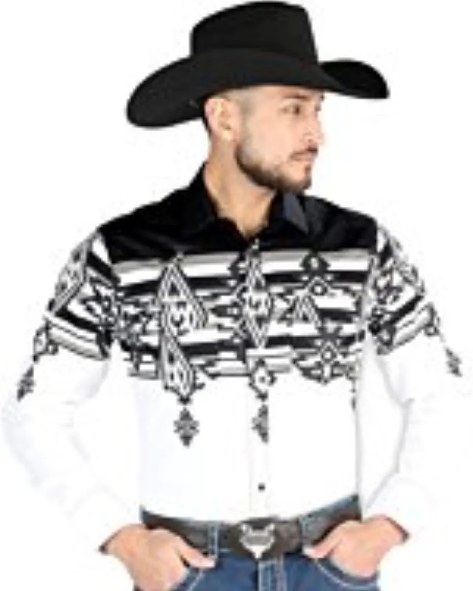 Man wearing a black and white tribal Western shirt with bold patterns and snap-button closure, matching boys’ version available.