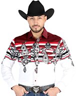 Man wearing a burgundy and white tribal Western shirt with bold patterns and snap-button closure, matching boys’ version available.
