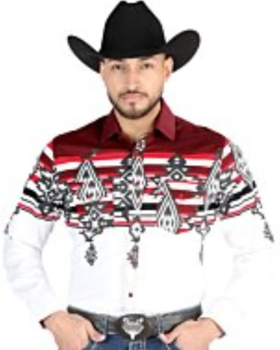 Man wearing a burgundy and white tribal Western shirt with bold patterns and snap-button closure, matching boys’ version available.