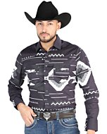 Man wearing a black Western shirt with gray geometric patterns and snap-button closure, perfect for a bold and modern cowboy look.