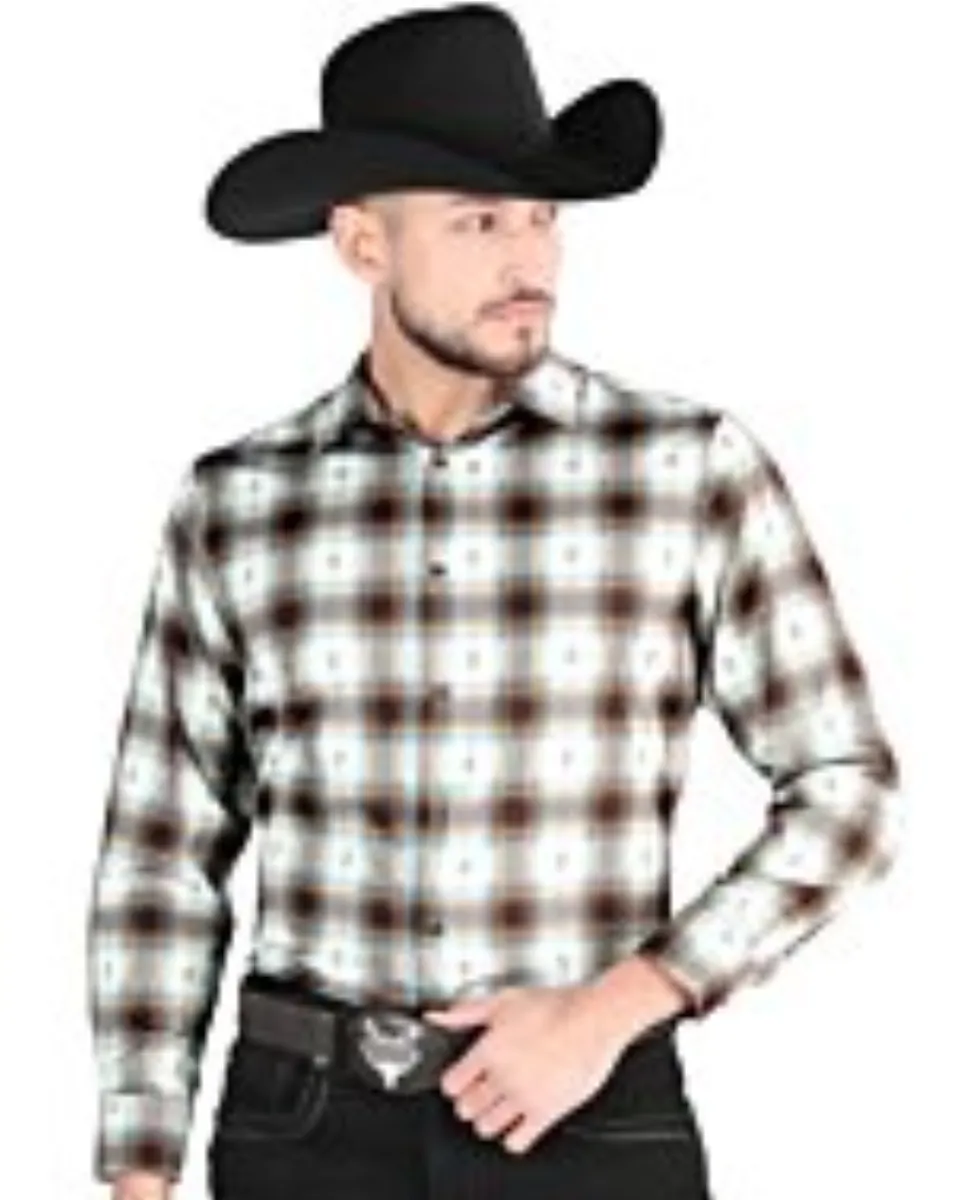 Men's Western Shirt in Brown-Sand Plaid, Available in Short or Long Sleeve, Matching Items for Women and Boys.
