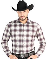 Men's Western Shirt in Beige and Burgundy Plaid, Long Sleeve Version – El General 44713