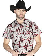 Man wearing a gray short-sleeve Western shirt with bold geometric patterns and snap-button closure, perfect for casual cowboy fashion.