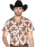 Man wearing an ivory short-sleeve Western shirt with a Santa Fe-inspired geometric design and snap-button closure, perfect for summer cowboy fashion.