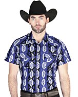 Man wearing a navy short-sleeve Western shirt with bold geometric patterns and snap-button closure, perfect for summer cowboy fashion.