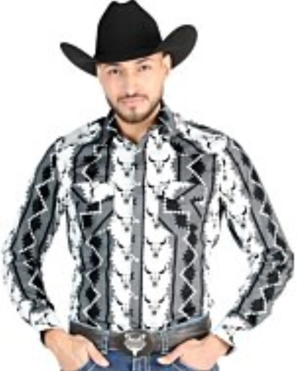 Camisa Vaquera Negra con Estampado de Cráneo de Vaca para Hombre – El General 44491
