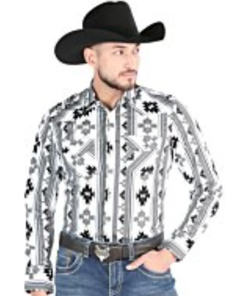 Camisa Vaquera Blanca con Estampado Geométrico en Negro y Gris para Hombre – El General 44470