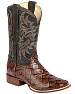 Men's cowboy boots in brown Monster Fish print leather with a black embroidered shaft, bulldog toe, and leather outsole, model ESDLC 44931.