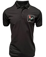 Men’s black polo shirt featuring an embroidered rooster emblem, crafted from a breathable cotton-polyester blend by Montero.